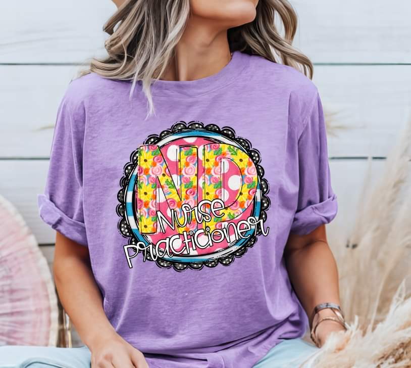 Nurse practitioner circle with yellow and pink floral font (S&G) 32888 DTF transfer