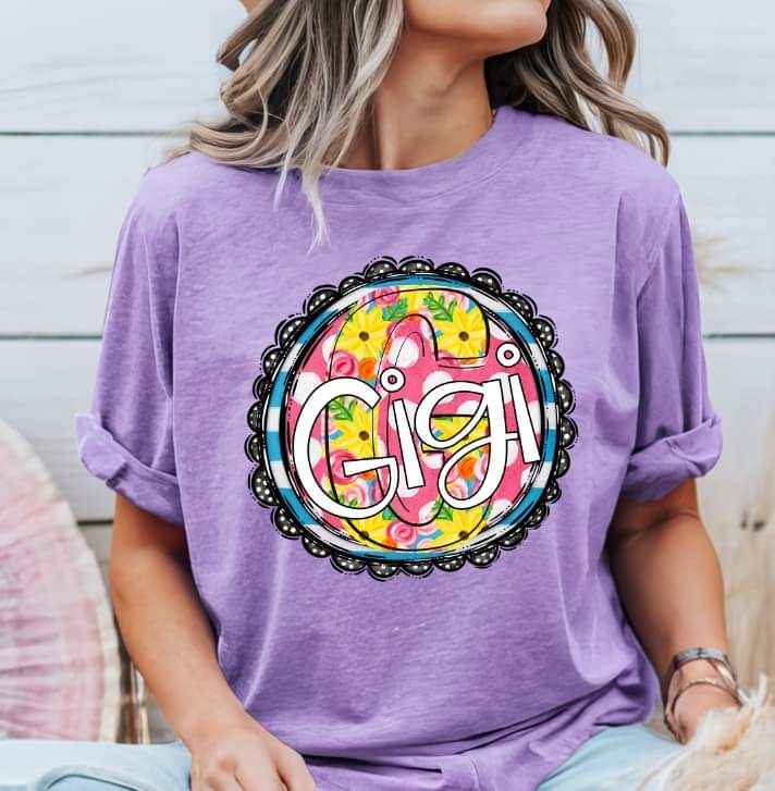 Gigi circle with yellow and pink floral font (S&G) 32872 DTF transfer