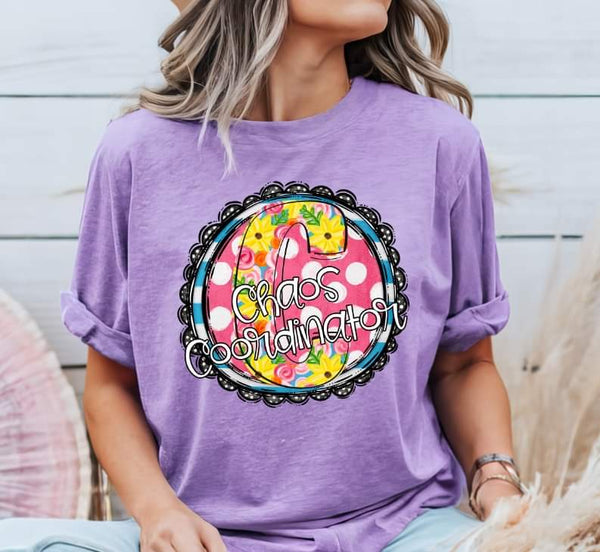 Chaos coordinator circle with yellow and pink floral font (S&G) 32887 DTF transfer