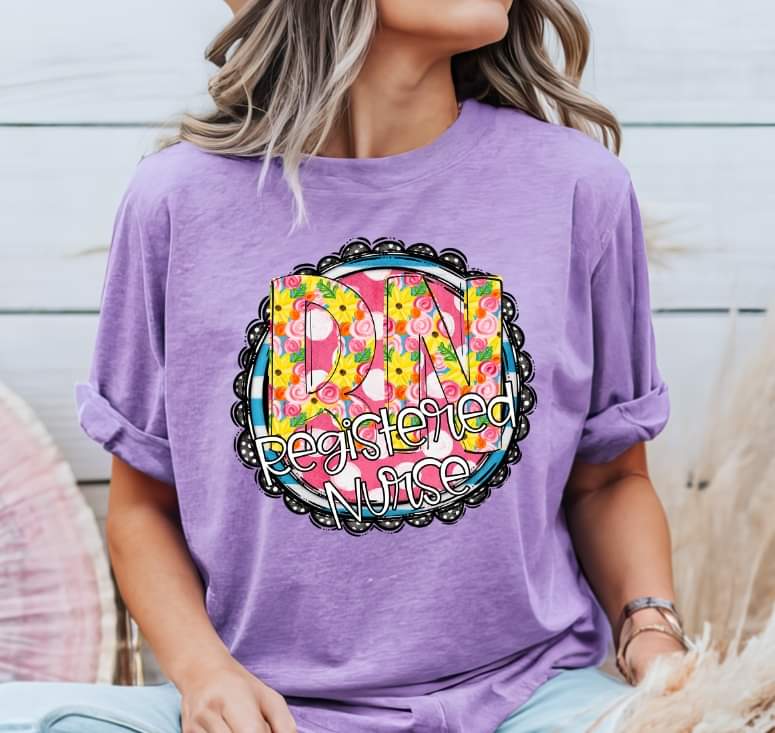 Registered nurse circle with yellow and pink floral font (S&G) 32886 DTF transfer