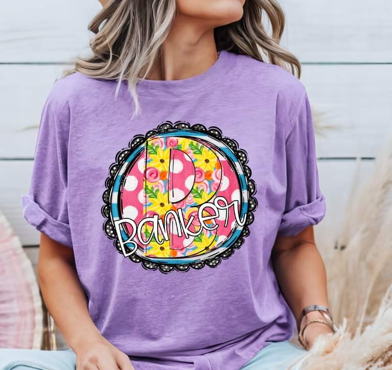 Banker circle with yellow and pink floral font (S&G) 32882 DTF transfer