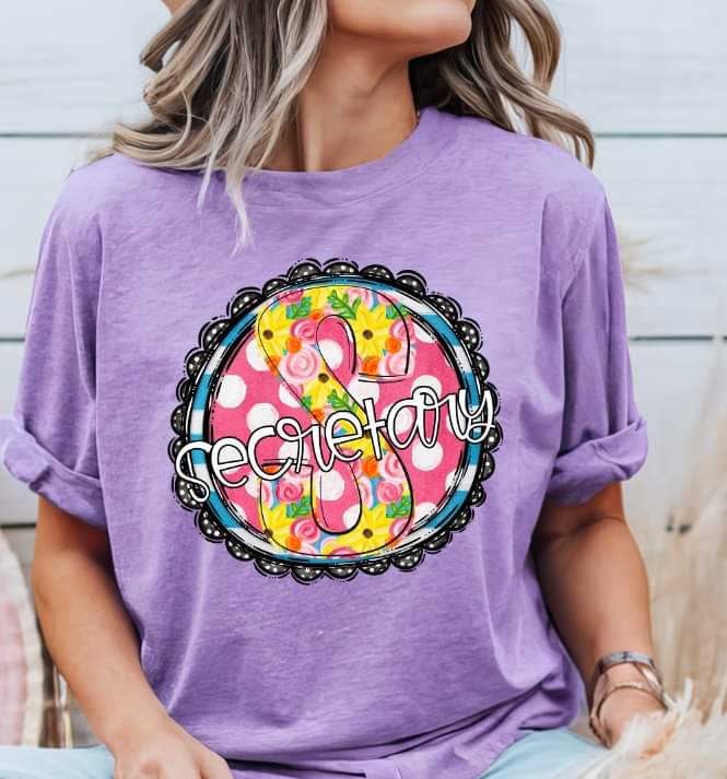 Secretary circle with yellow and pink floral font (S&G) 32881 DTF transfer