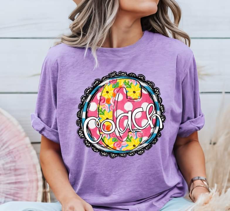 Coach circle with yellow and pink floral font (S&G) 32883 DTF transfer