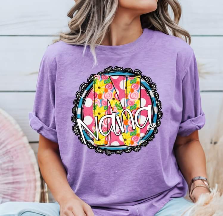 Nana circle with yellow and pink floral font (S&G) 32870 DTF transfer