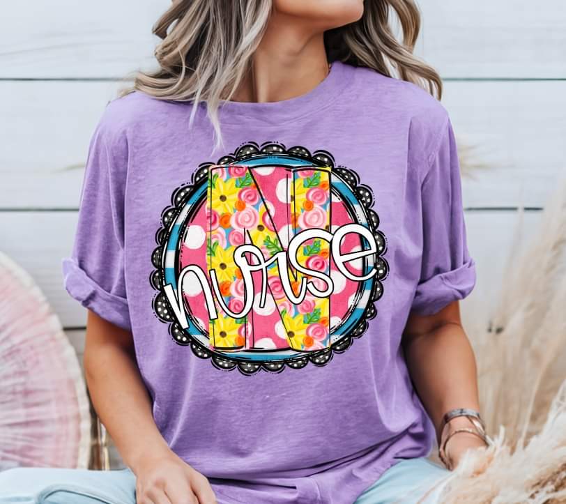 Nurse circle with yellow and pink floral font (S&G) 32874 DTF transfer