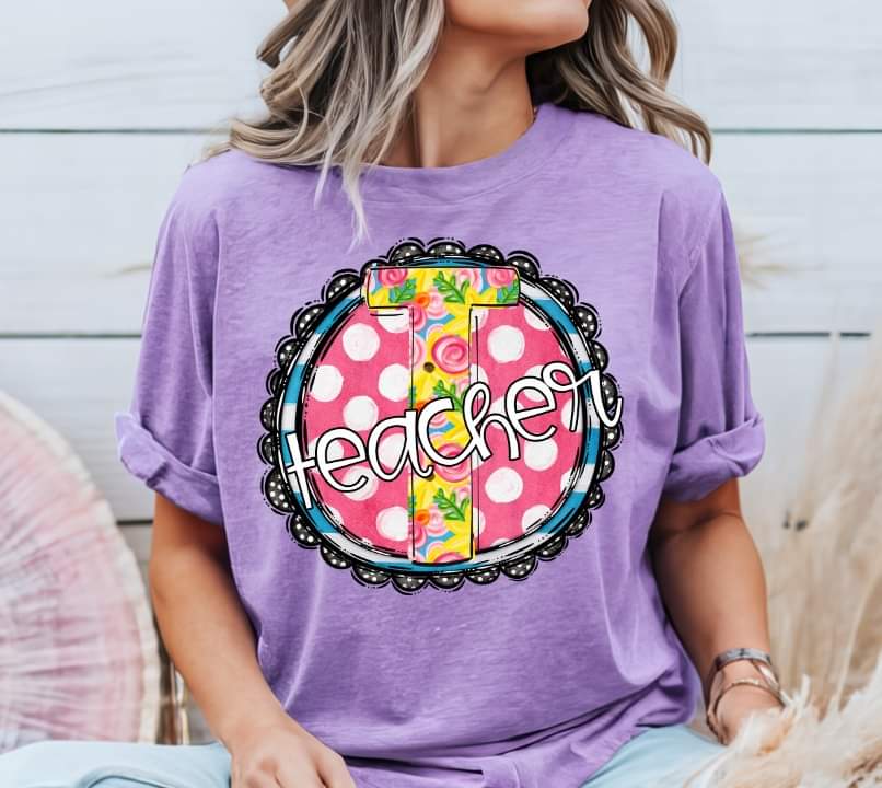 Teacher circle with yellow and pink floral font (S&G) 32873 DTF transfer