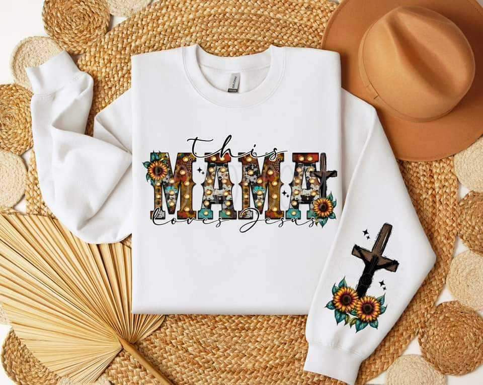 This mama loves Jesus marquee lights FRONT (FDC) 23842 DTF transfer