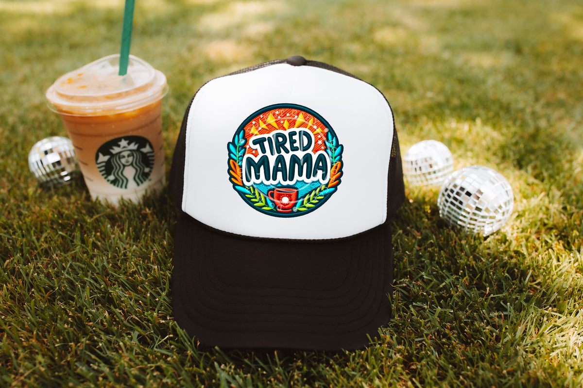 Tired mama circle hat patch 32939 DTF transfer