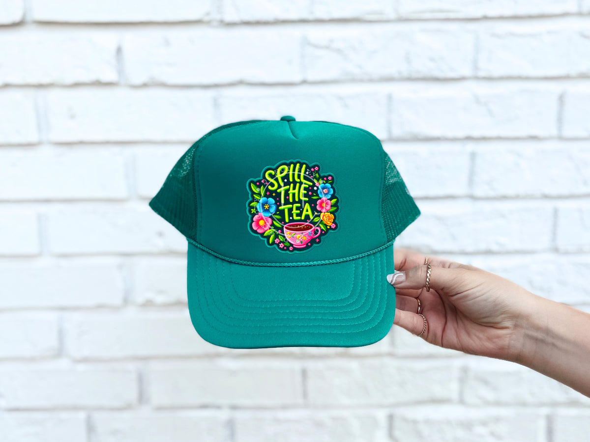 Spill the tea green font hat patch 32928 DTF transfer