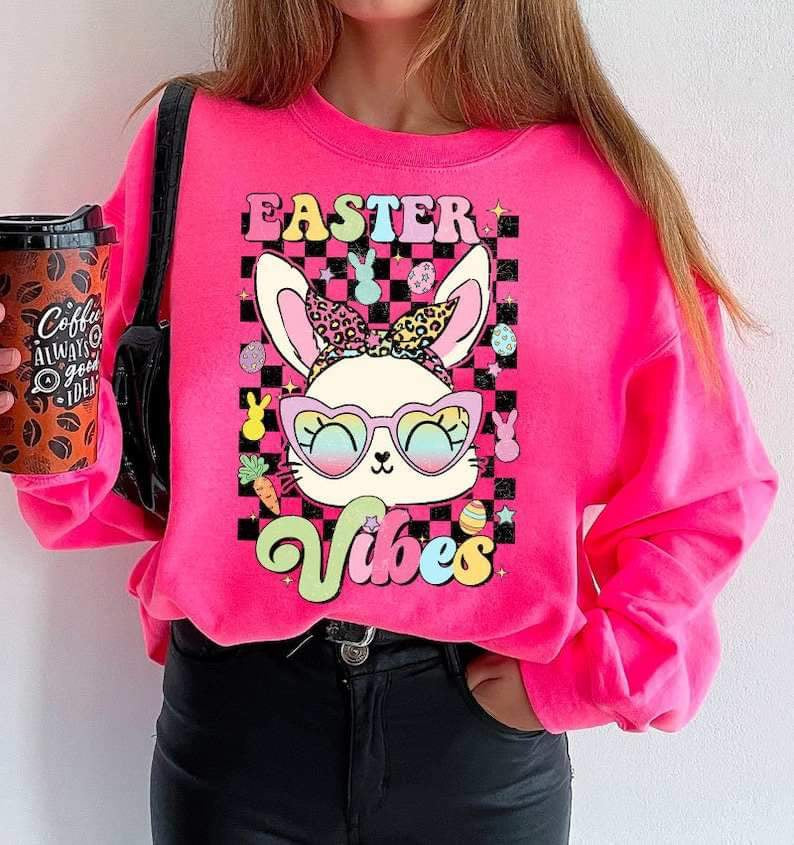 Easter vibes bunny and checkered print 23848 DTF transfer