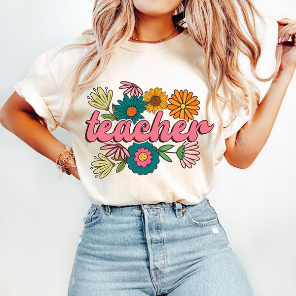 Teacher pink font with flowers 33020 DTF transfer