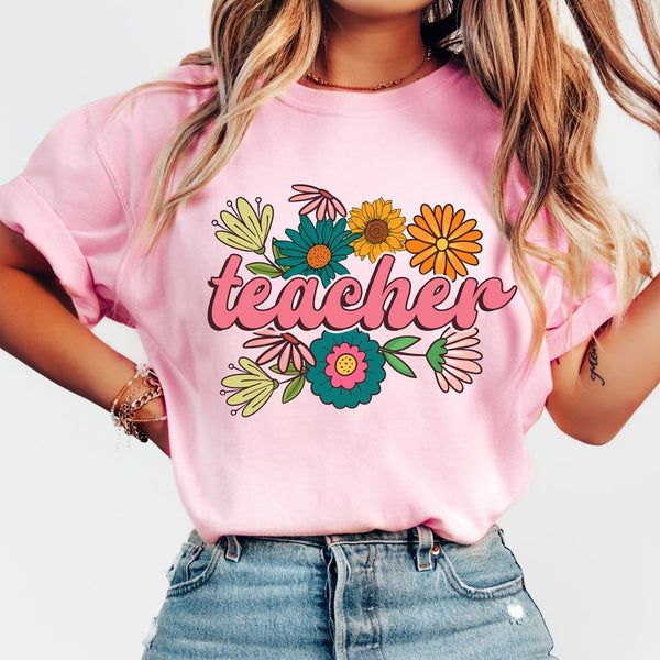 Teacher pink font with flowers 33020 DTF transfer