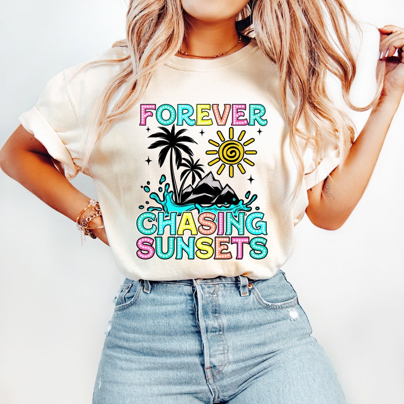 Forever chasing sunsets sun, water, palm tree 32987 DTF transfer