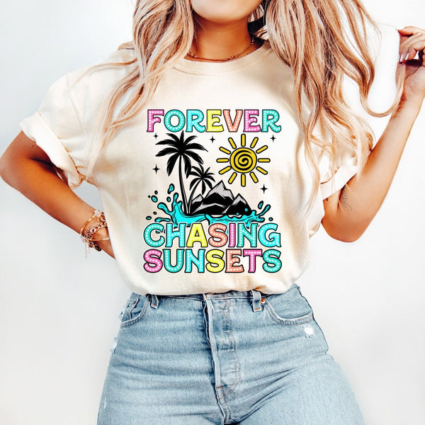 Forever chasing sunsets sun, water, palm tree 32987 DTF transfer