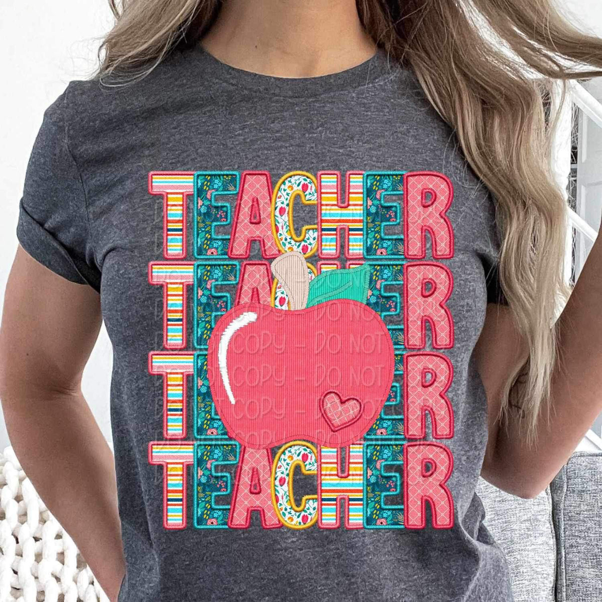 Teacher stacked with apple spring pattern 23975 DTF transfer