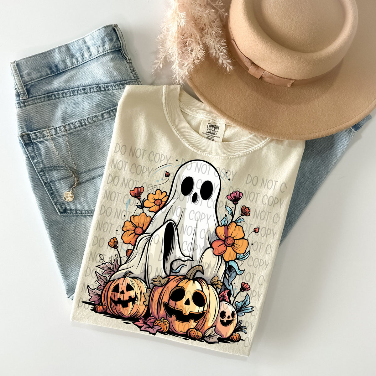 Ghost with  jack-o-lanterns and flowers (SWD) 33078 DTF transfer