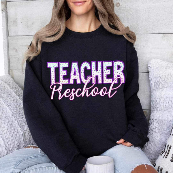 Preschool teacher polka dots purple embroidery 24047 DTF transfer