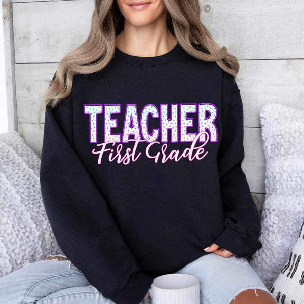 First grade teacher polka dots purple embroidery 24040 DTF transfer