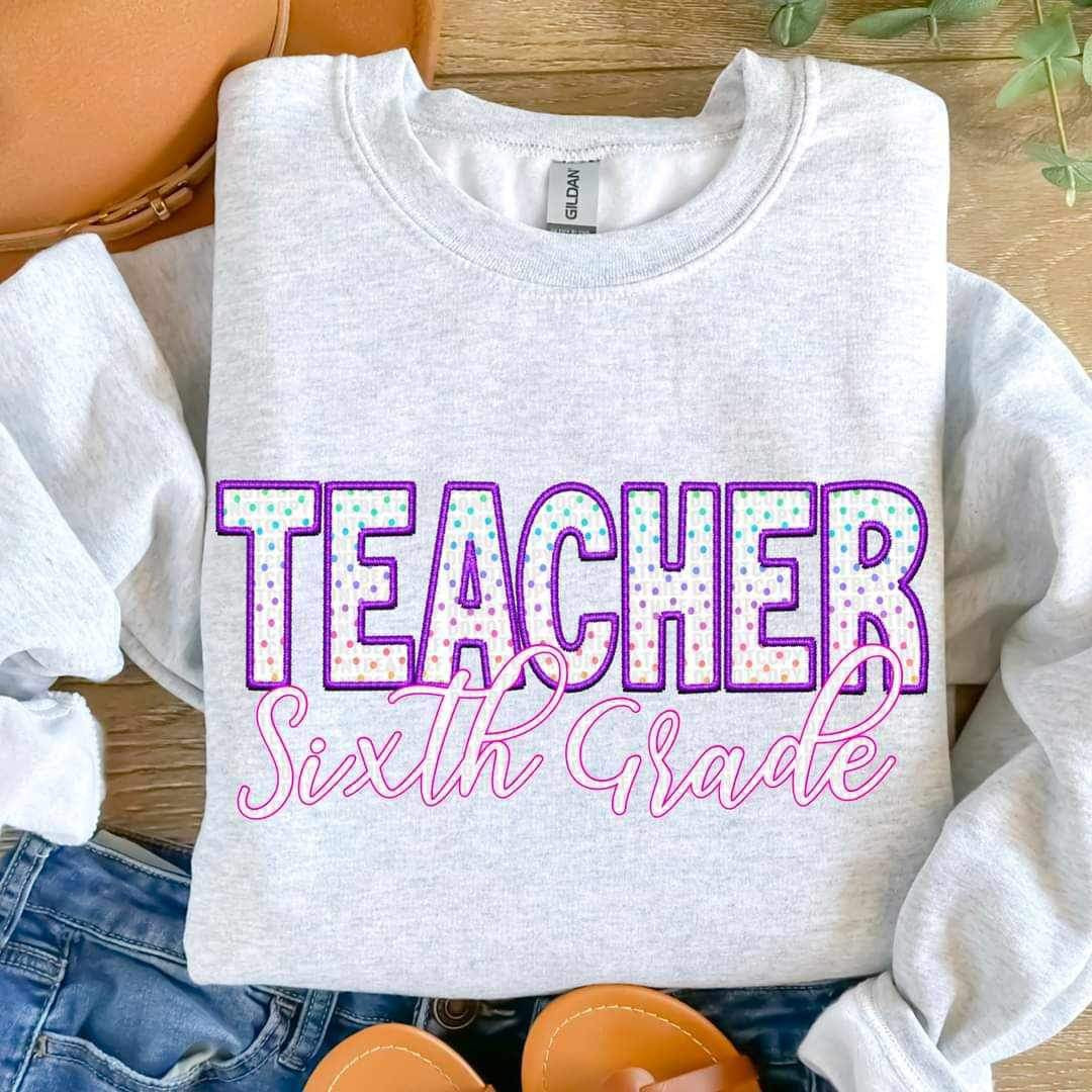 Sixth grade teacher polka dots purple embroidery 24042 DTF transfer