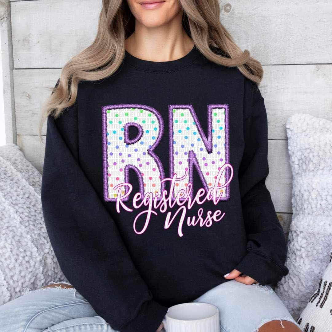 RN registered nurse polka dots purple embroidery 24037 DTF transfer