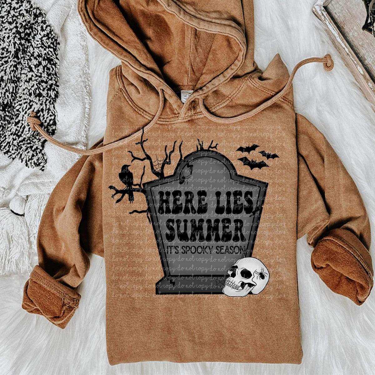 Here lies summer, its spooky season (black gravestone with tree, crow, skull, and bats) 9267 DTF TRANSFERS