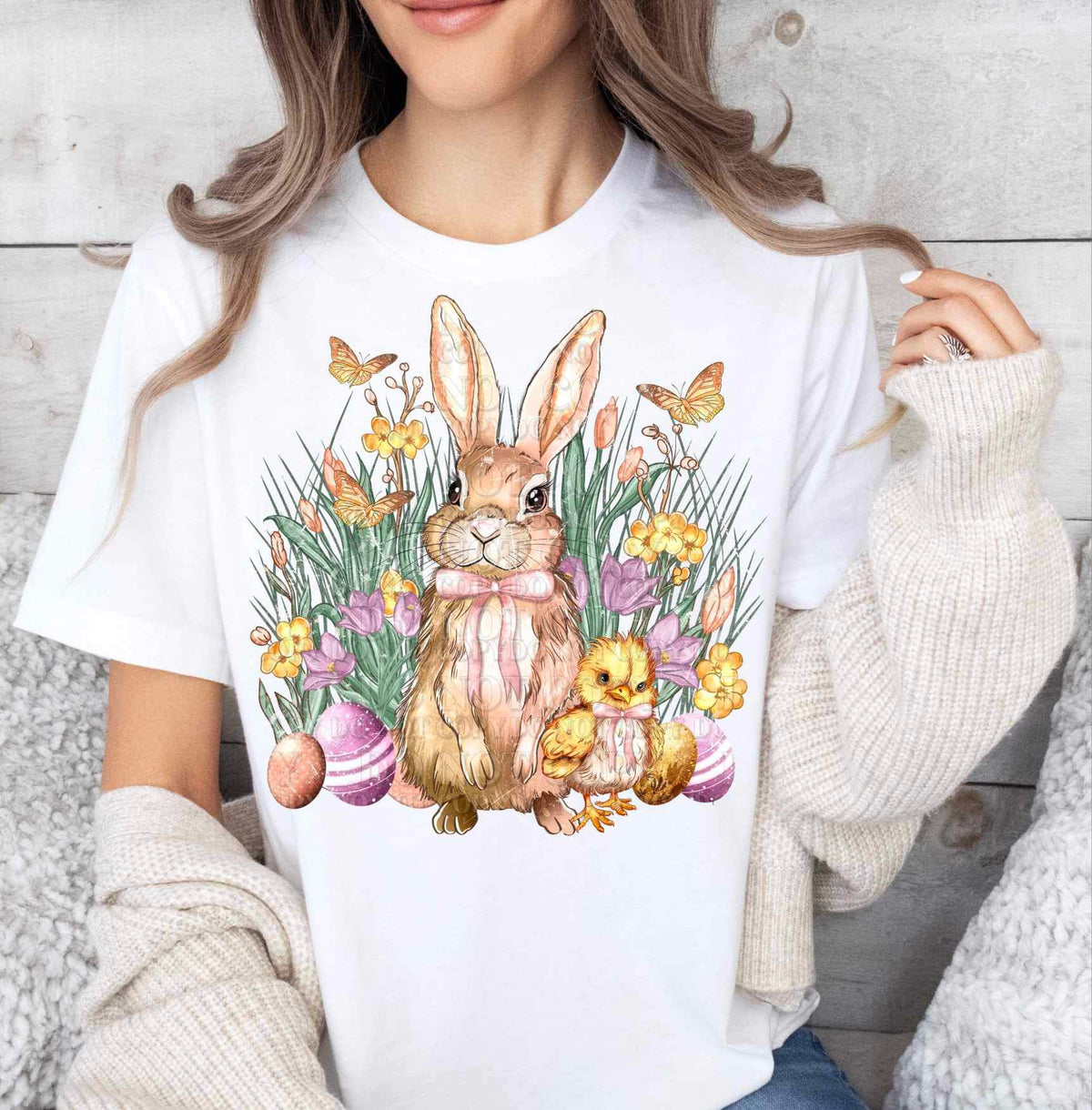 bunny and Chick with butterflies and flowers 24063 DTF transfer