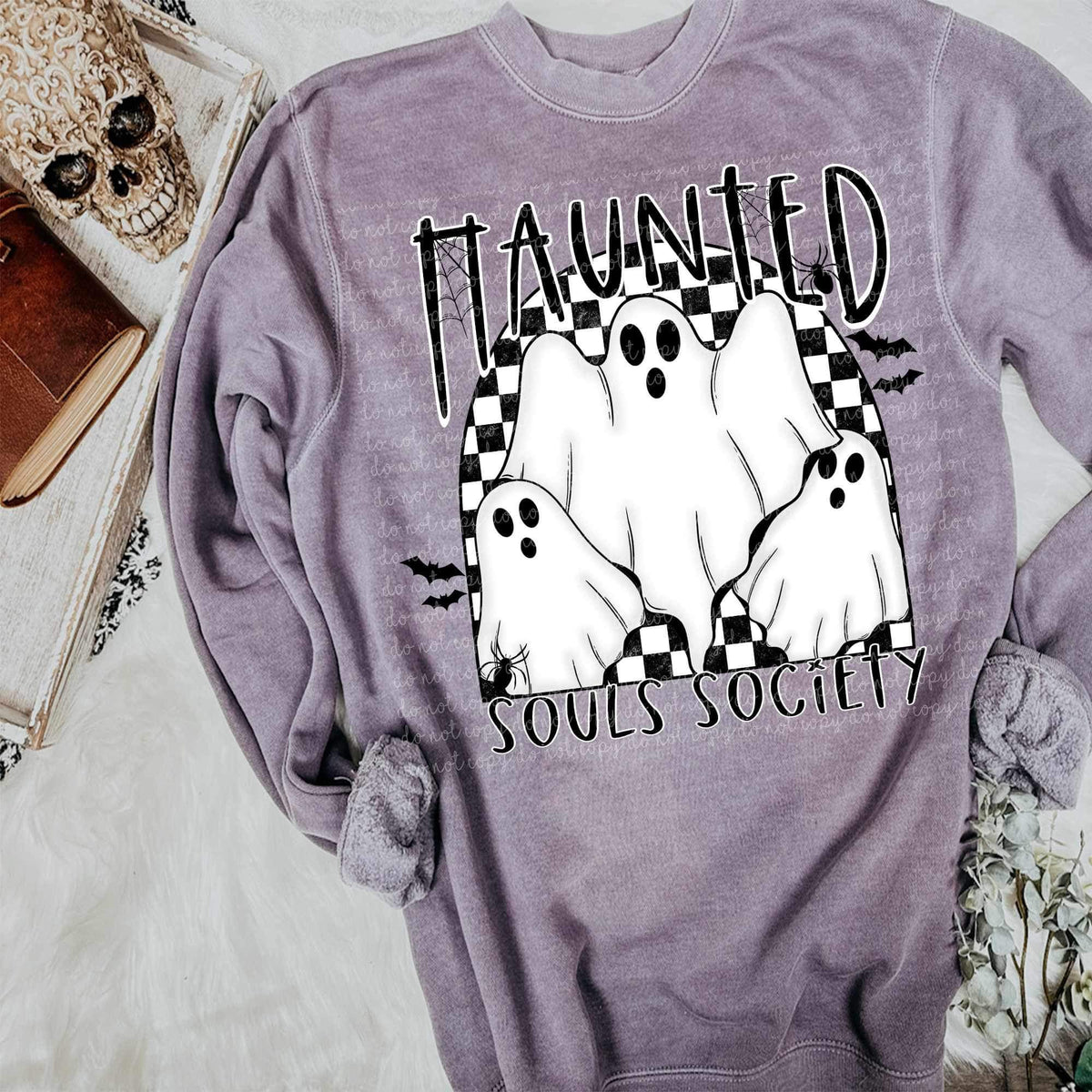 Haunted souls society (white ghosts with checkered background) 9337 DTF TRANSFER