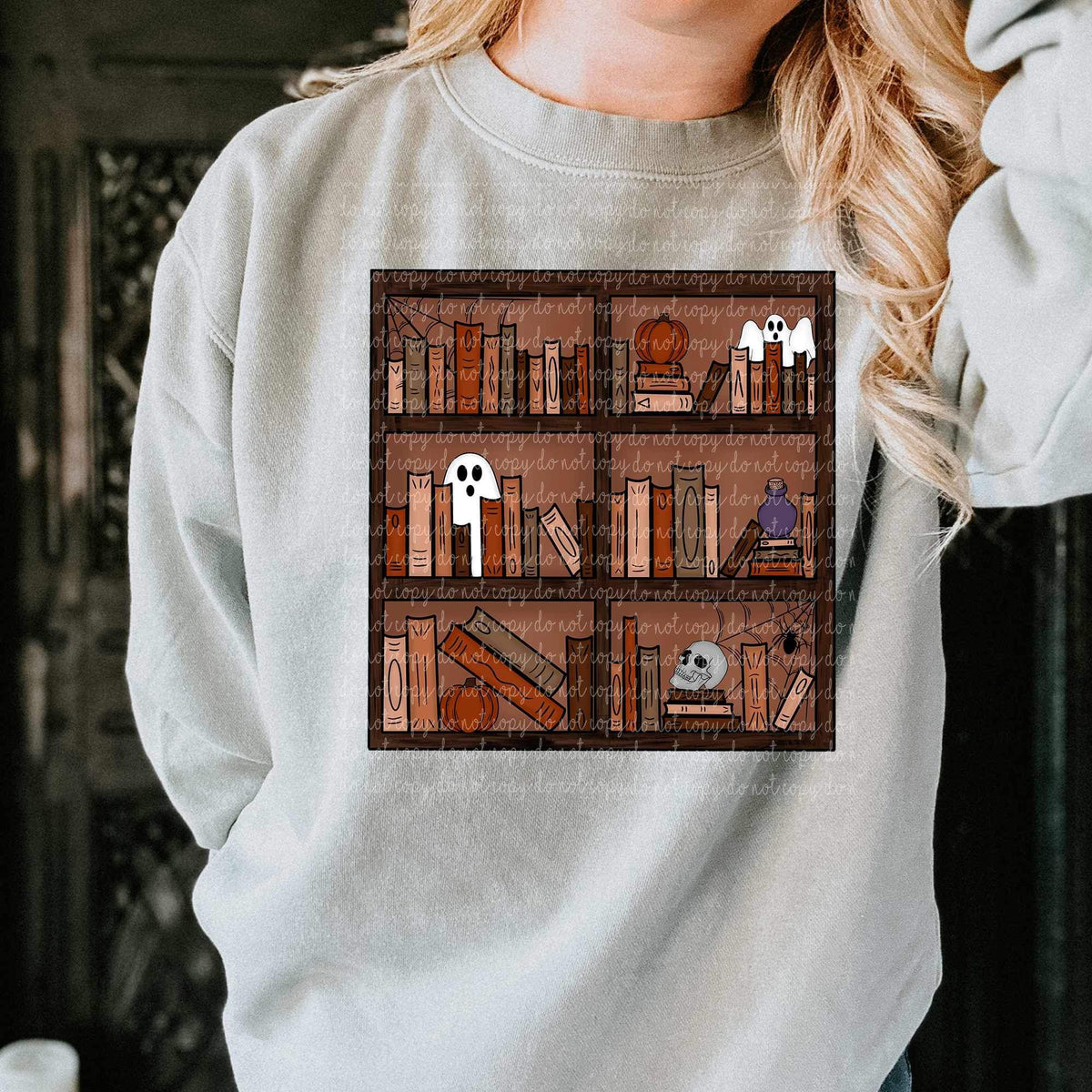 Bookshelf with ghosts, skull, and spider webs) 9293 DTF TRANSFERS