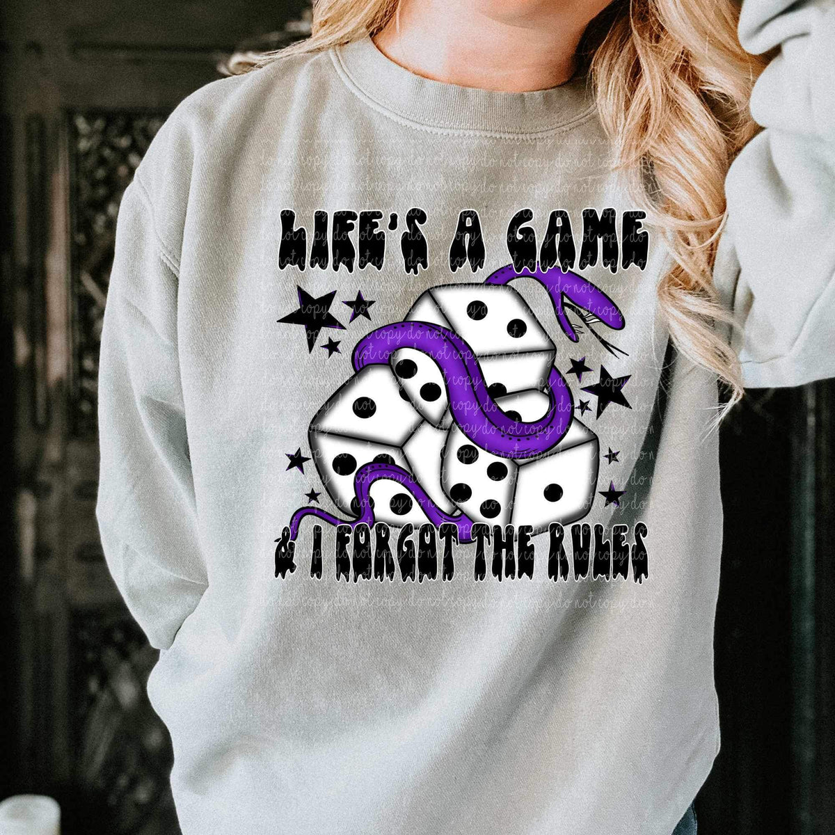 Life’s a game and I forgot the rules (purple snake wraped around dice) 9290 DTF TRANSFERS