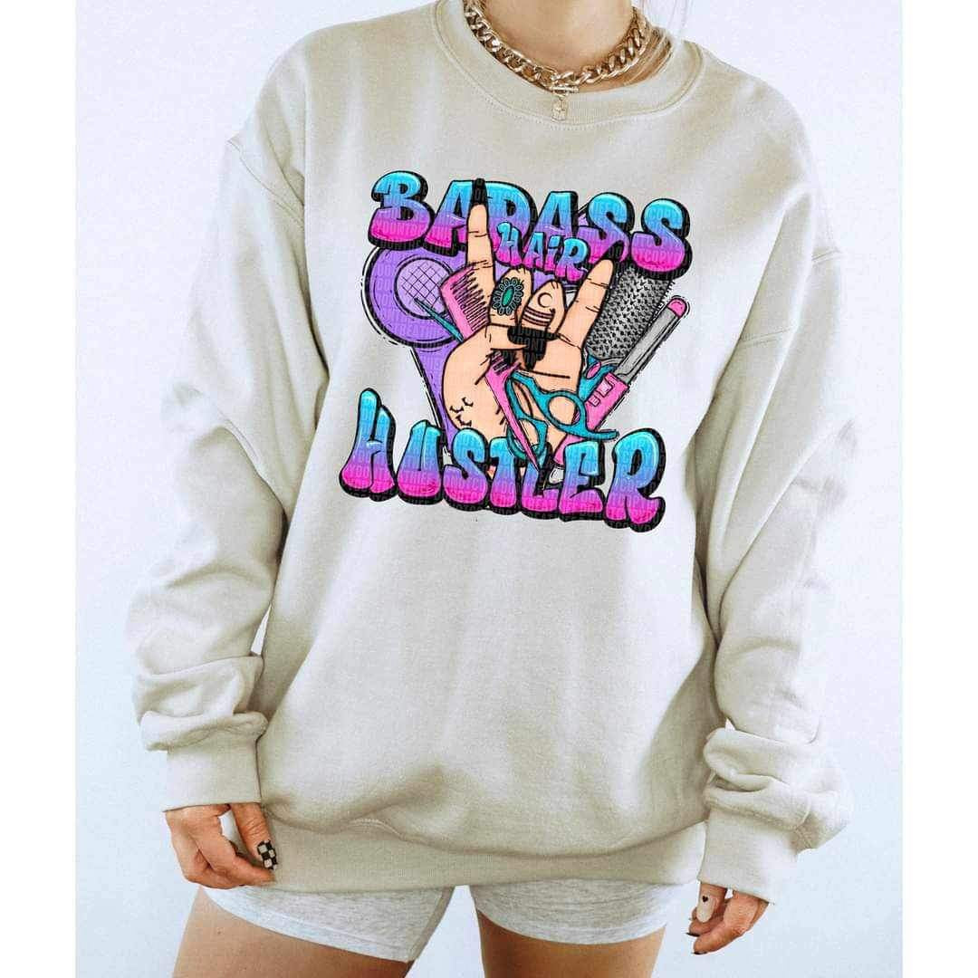 Badass hair hustler (pink and blue writing with hair utensils) 9288 DTF TRANSFERS