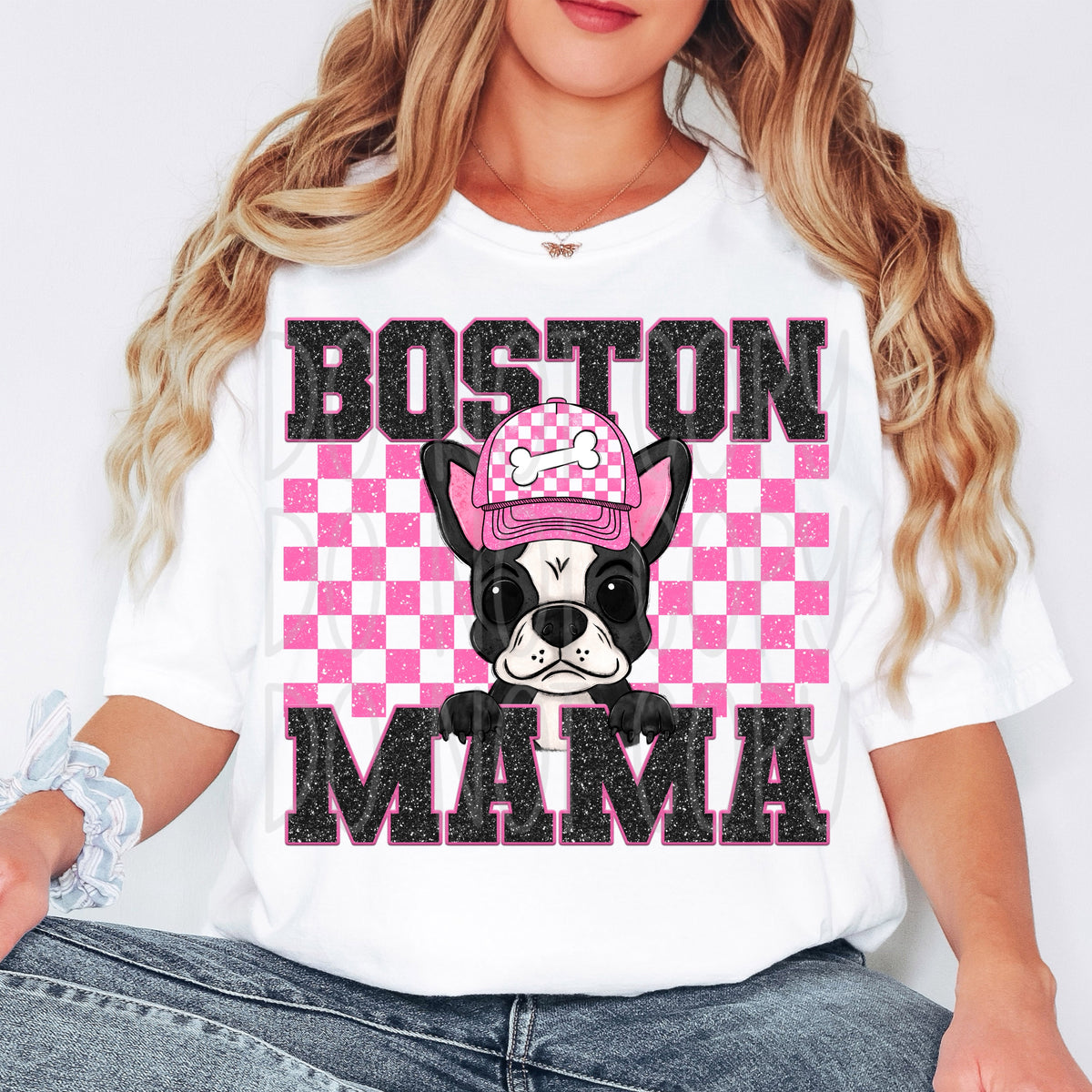 Boston mama pink checkered (VIRGO) 33243 DTF transfer
