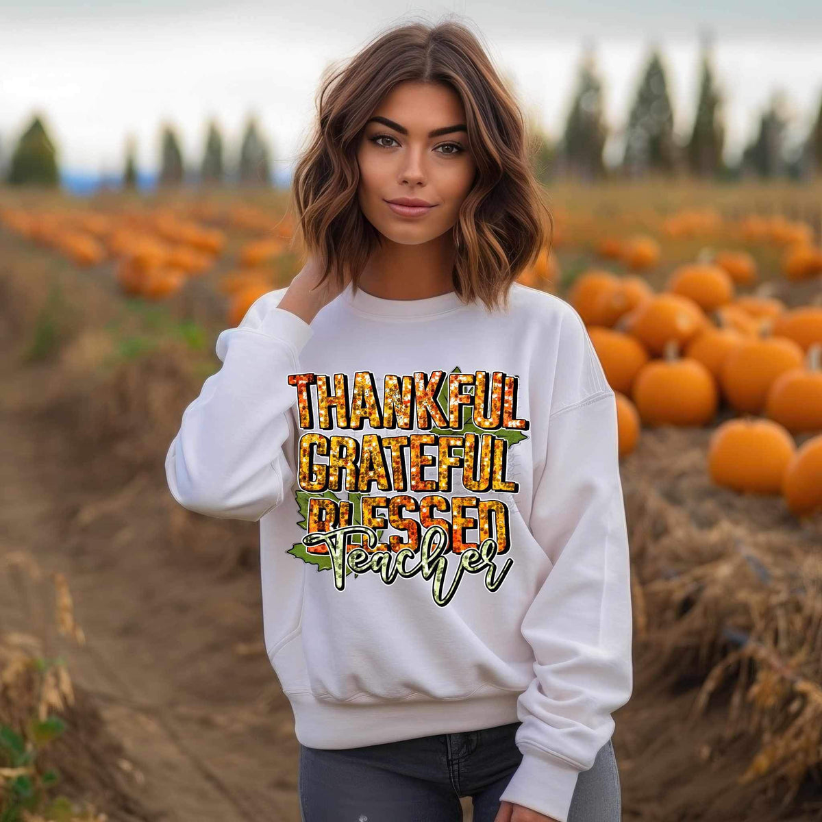 Thankful grateful blessed teacher (orange and yellow sequin) 9398 DTF TRANSFERS