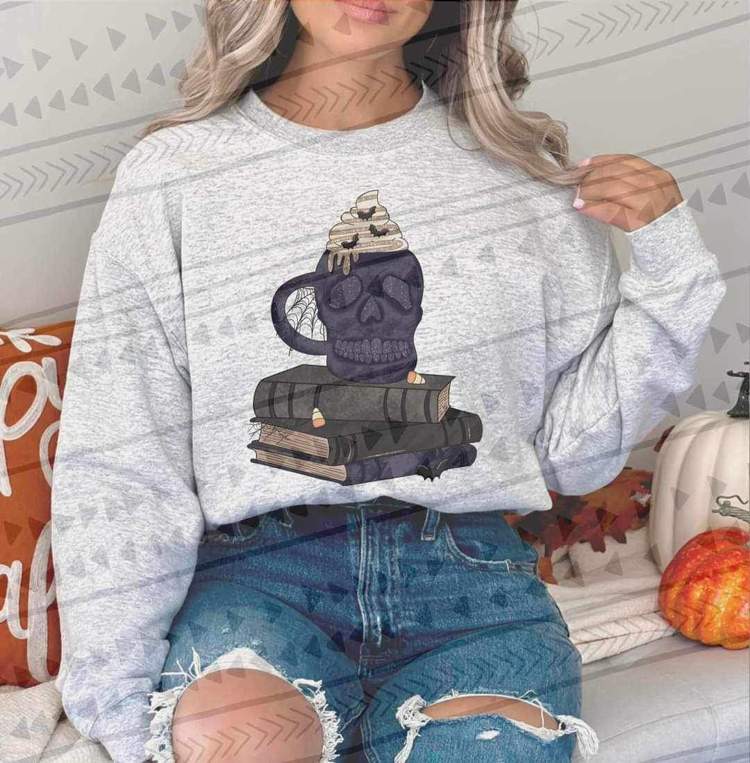 Stack of books with skull mug 9768 DTF TRANSFERS