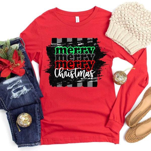 Merry Christmas stacked with plaid background 9781  DTF TRANSFERS