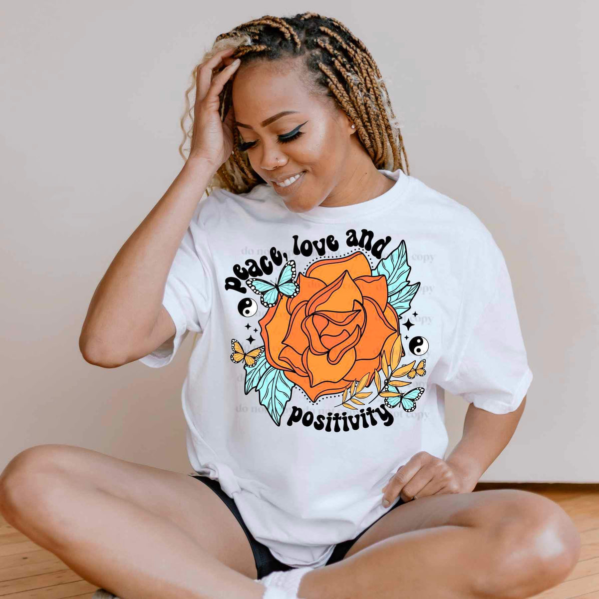 Peace love and positivity orange flower black font (CSC) 24401 DTF transfer