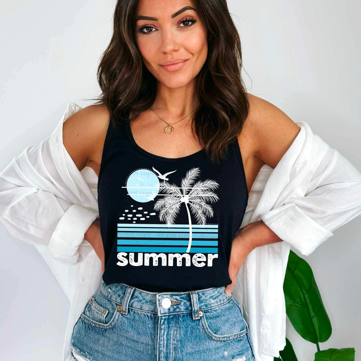 Summer white palm blue lines (CSC) 24403 DTF transfer