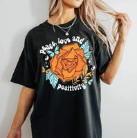 Peace love and positivity orange flower white font (CSC) 24400 DTF transfer