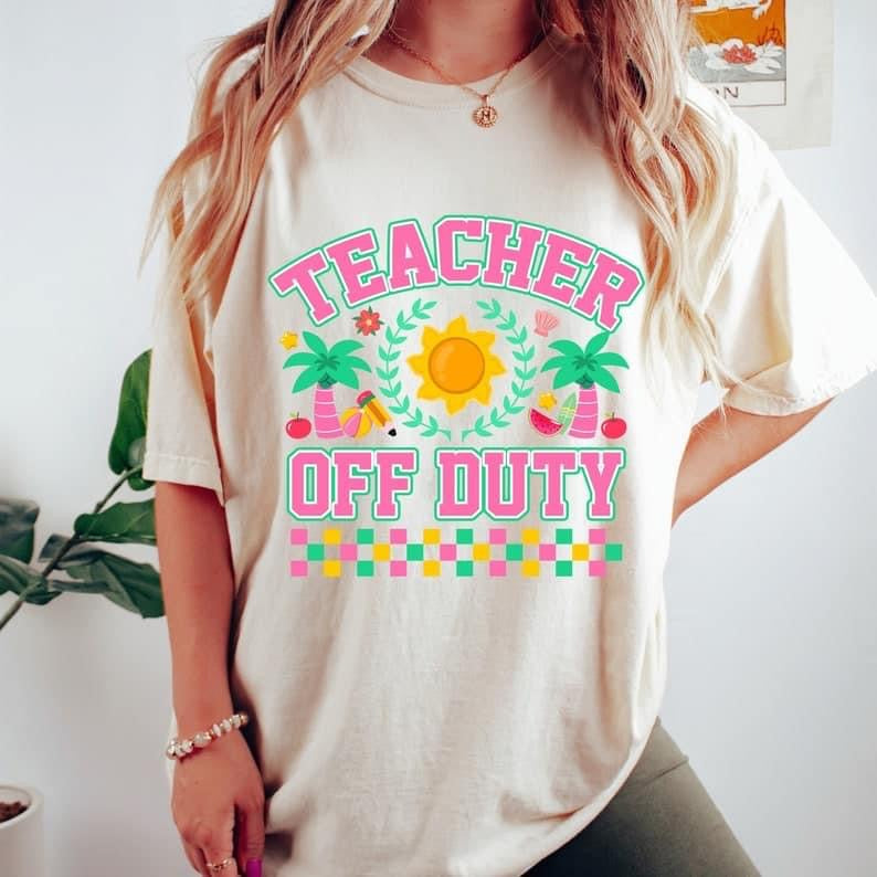 Teacher off duty pink font colorful checkered 33341 DTF transfer