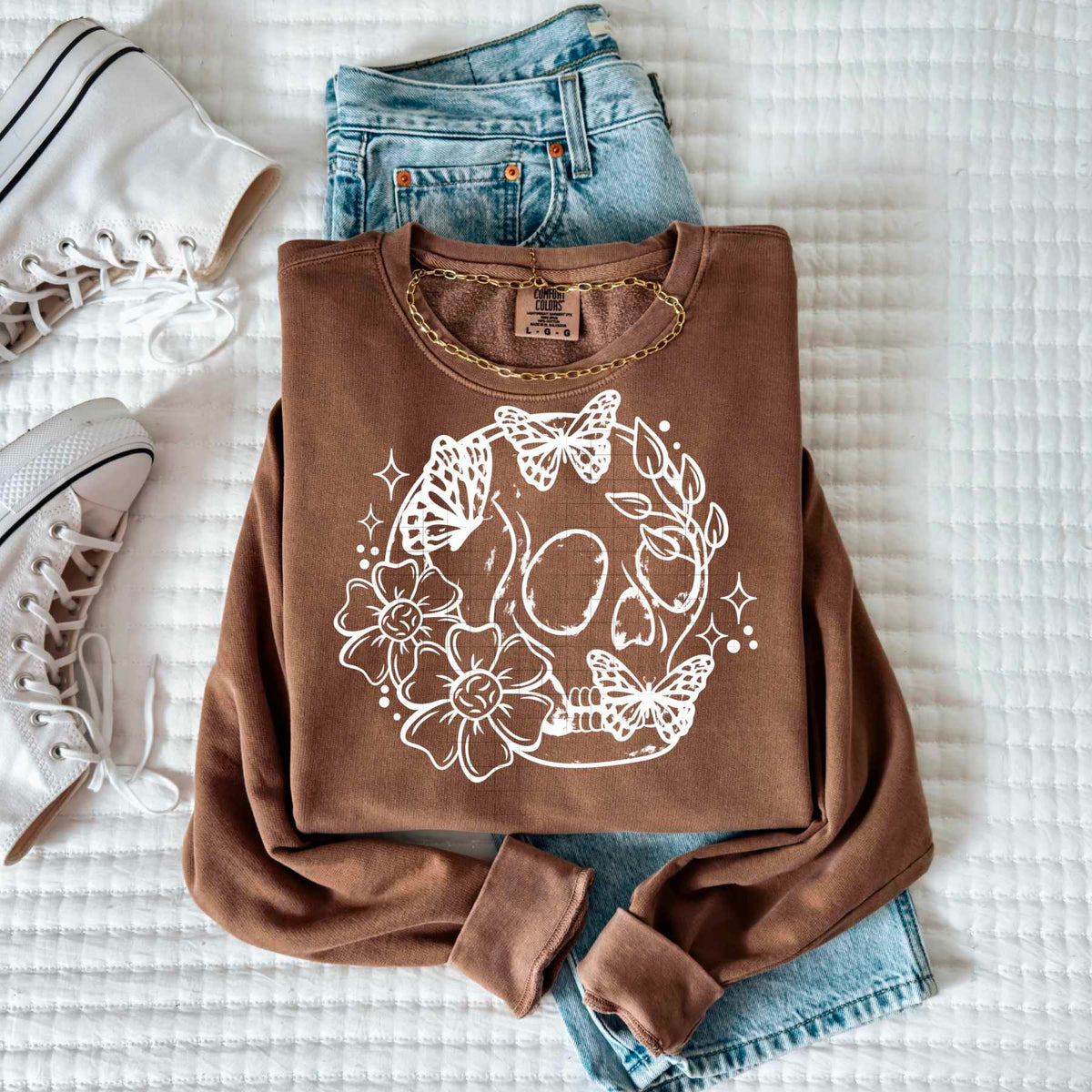 Floral skull white outline (CSC) 84095 DTF transfer