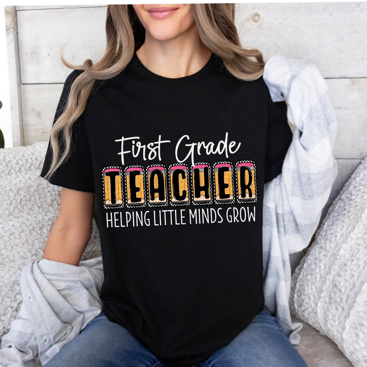 First grade teacher pencil blocks white font (SDD) 33438 DTF transfer