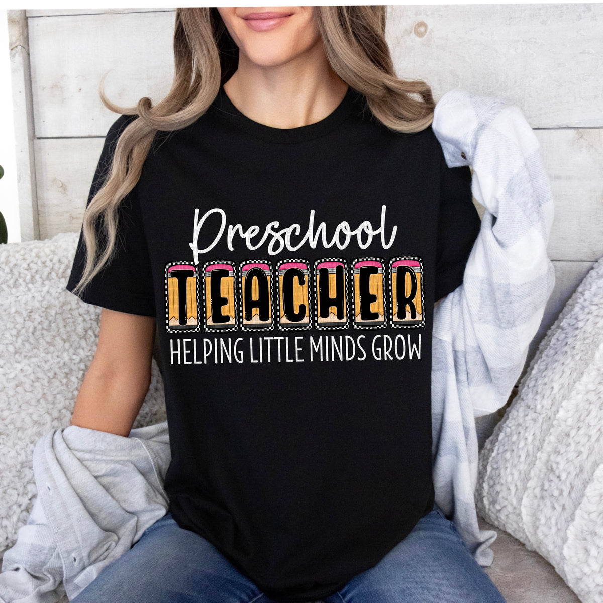 Preschool teacher pencil blocks white font (SDD) 33447 DTF transfer