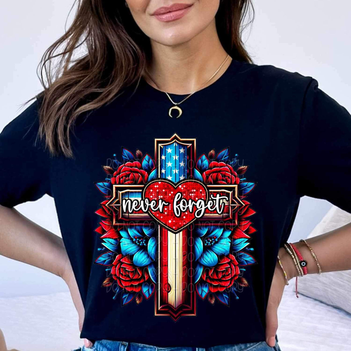 Never forget patriotic cross and flowers 24547 DTF transfer