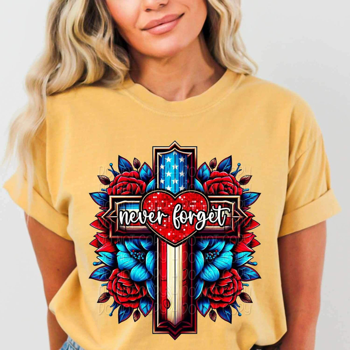 Never forget patriotic cross and flowers 24547 DTF transfer
