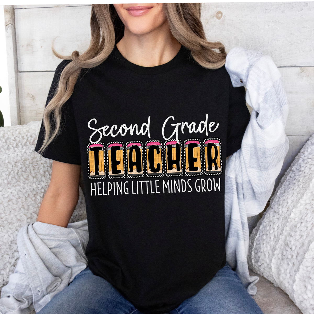 Second grade teacher pencil blocks white font (SDD) 33455 DTF transfer