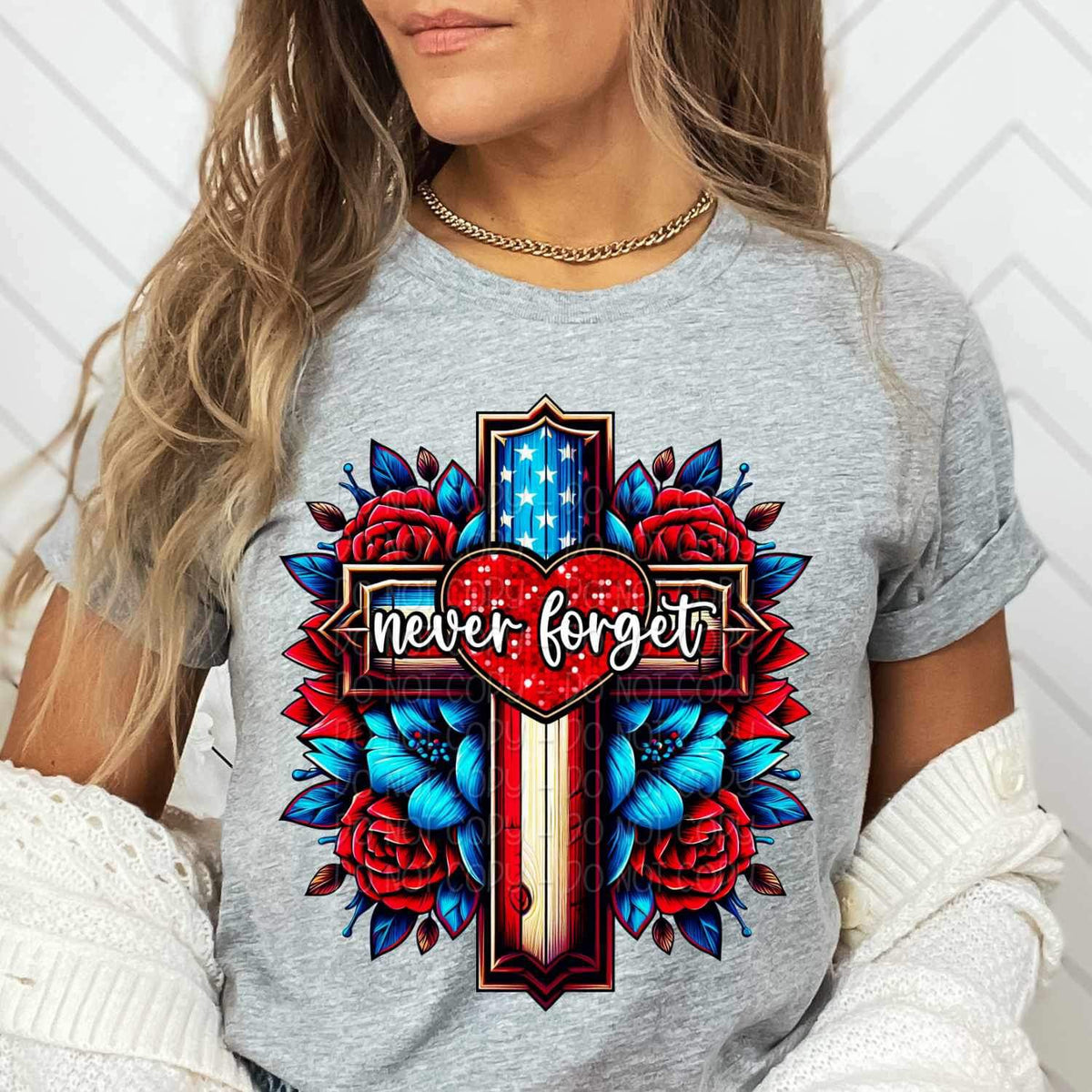 Never forget patriotic cross and flowers 24547 DTF transfer