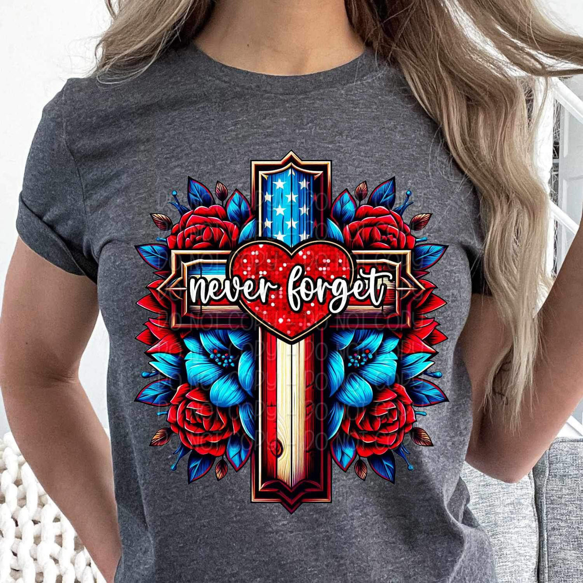 Never forget patriotic cross and flowers 24547 DTF transfer