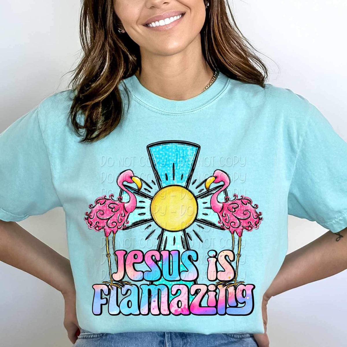 Jesus is flamazing cross and flamingoes 24545 DTF transfer