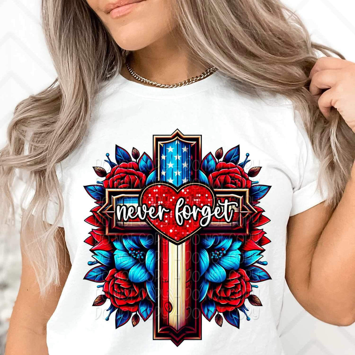 Never forget patriotic cross and flowers 24547 DTF transfer