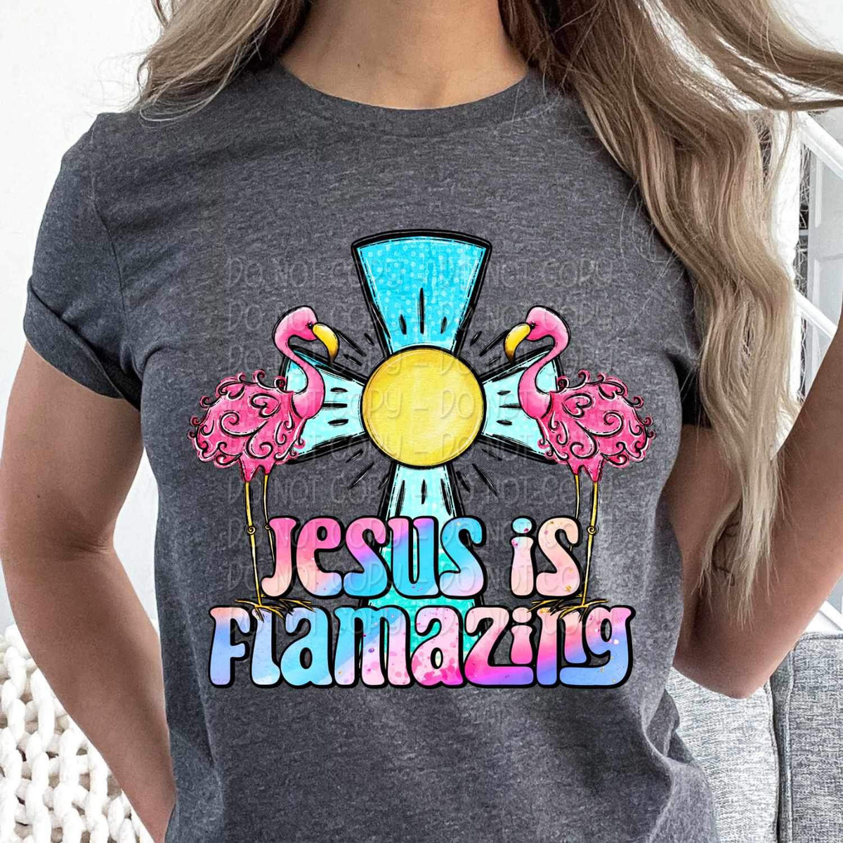 Jesus is flamazing cross and flamingoes 24545 DTF transfer