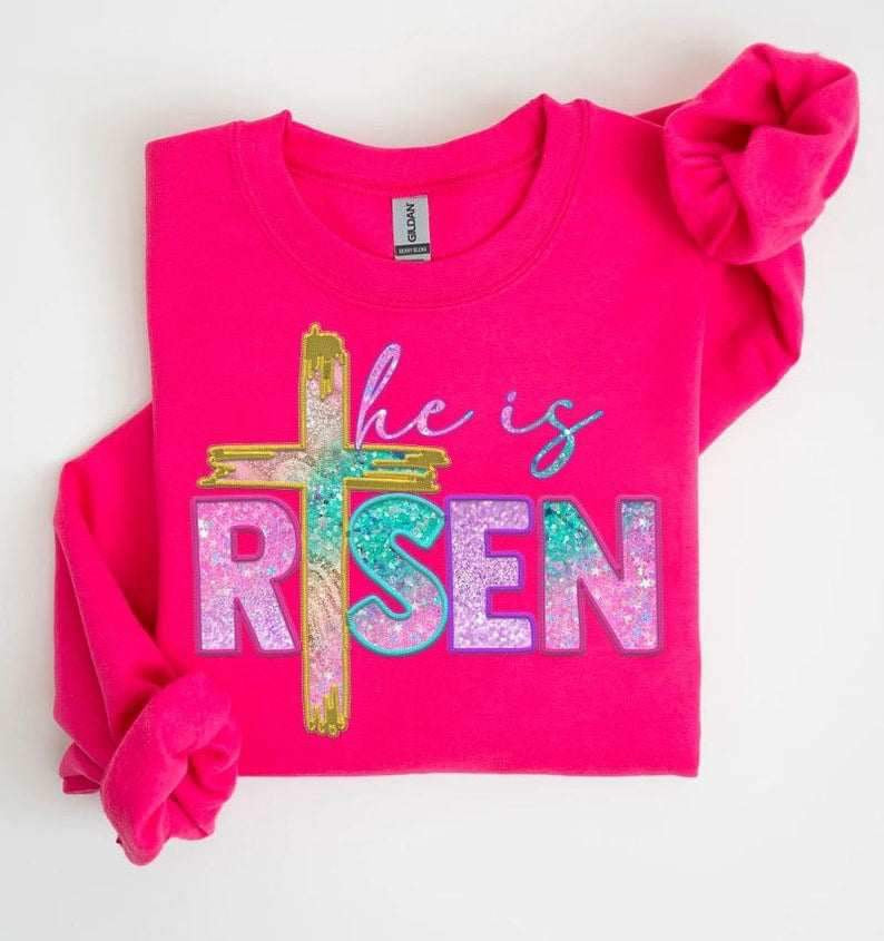 He is risen pink purple blue sequin 24569 DTF transfer